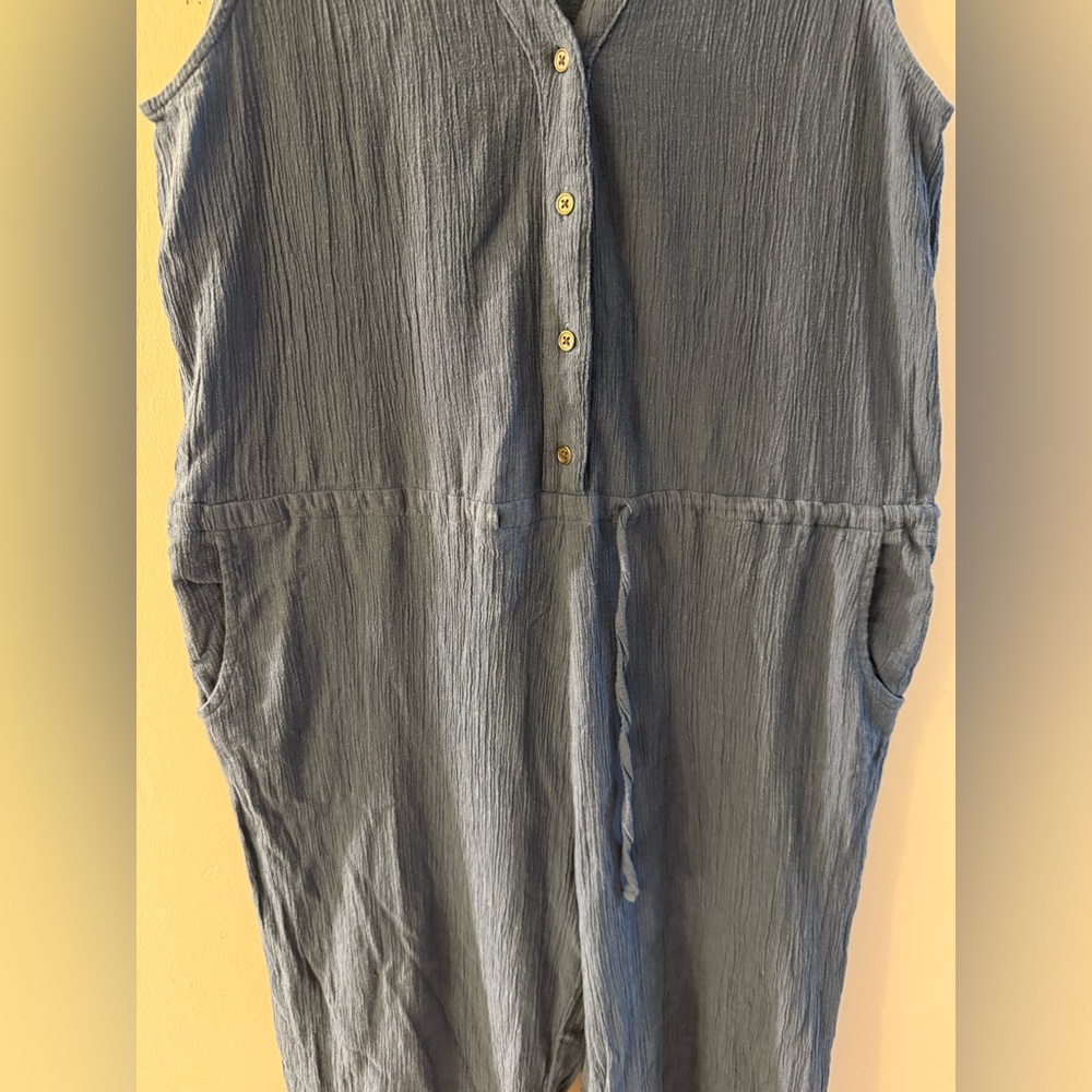 Pact Organic Cotton Jumpsuit Sz S Blue Boho Beachy Farmers Market Pockets - Picture 6 of 10